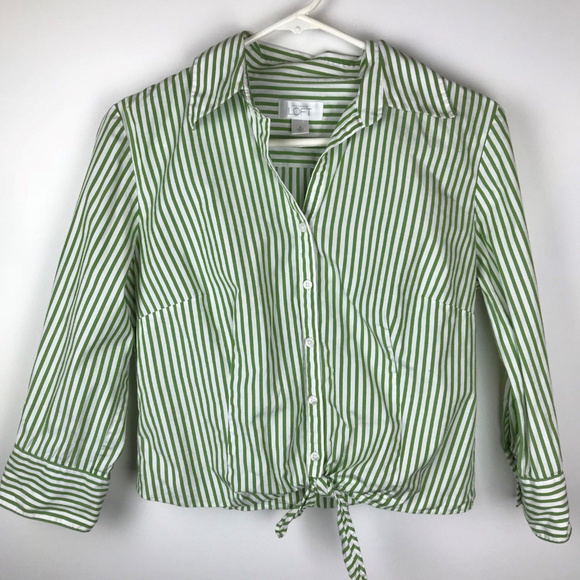 LOFT Tops - LOFT Sz 8 Green White Pinstripe Tied Waist Shirt